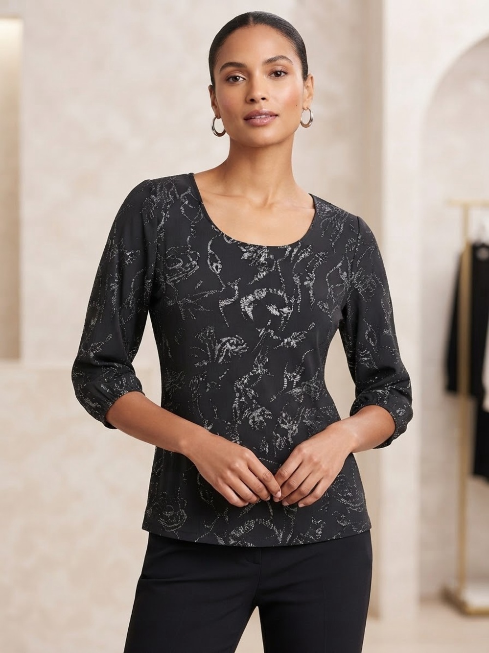 JM Collection Black Scoop Neck Top with Metallic Print